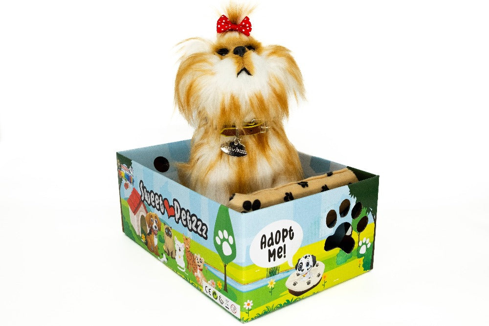 Sweet Petzzz White Yorkie toy dog inside the box.