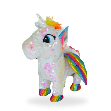 Side view of the walking white Unicorn toy, featuring its flowing mane and detailed body markings.