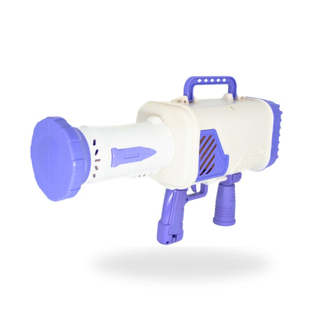 Rocket Bubble Gun Purple standing upright, showcasing its vibrant and rugged design, ready for action.