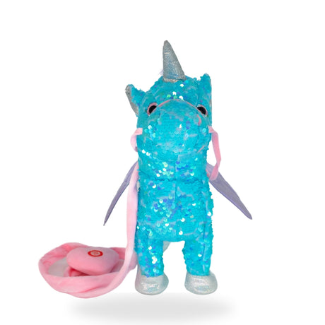 Front view of the Walking Sequin Blue Unicorn toy with leash, showing off its shimmering sequin-covered body and playful expression.