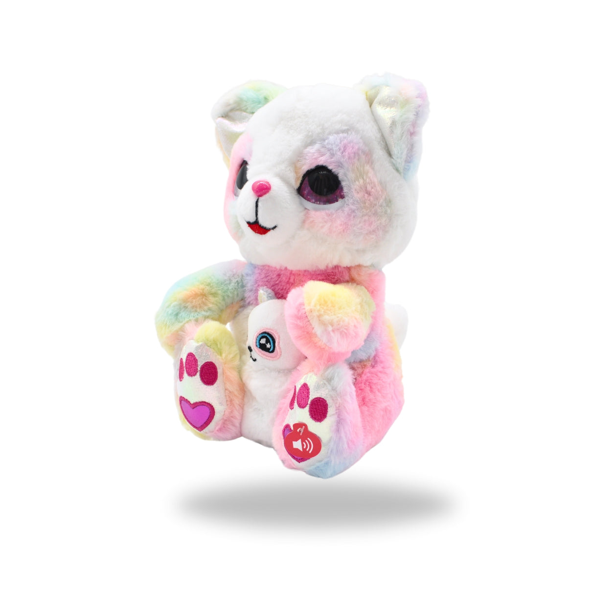Left side view of the Rainbow Dancing Teddy Bear with Baby Bear white