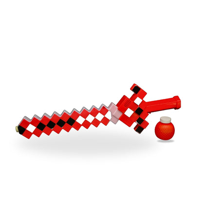 Bubble Gun Sword Red lying on its side, showcasing its sturdy and durable plastic build.