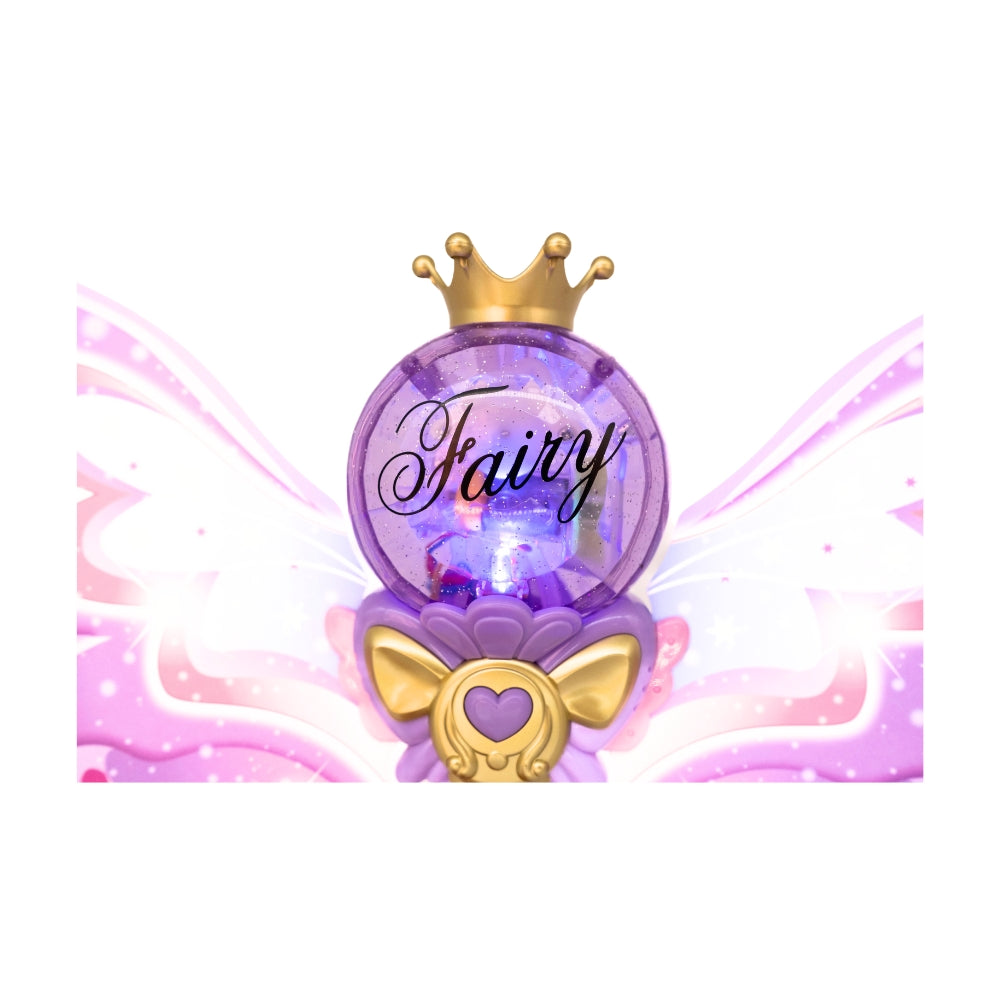 Close-up of the top of the Fairy Bubble Wand, highlighting the 'Fairy' inscription and LED light details.