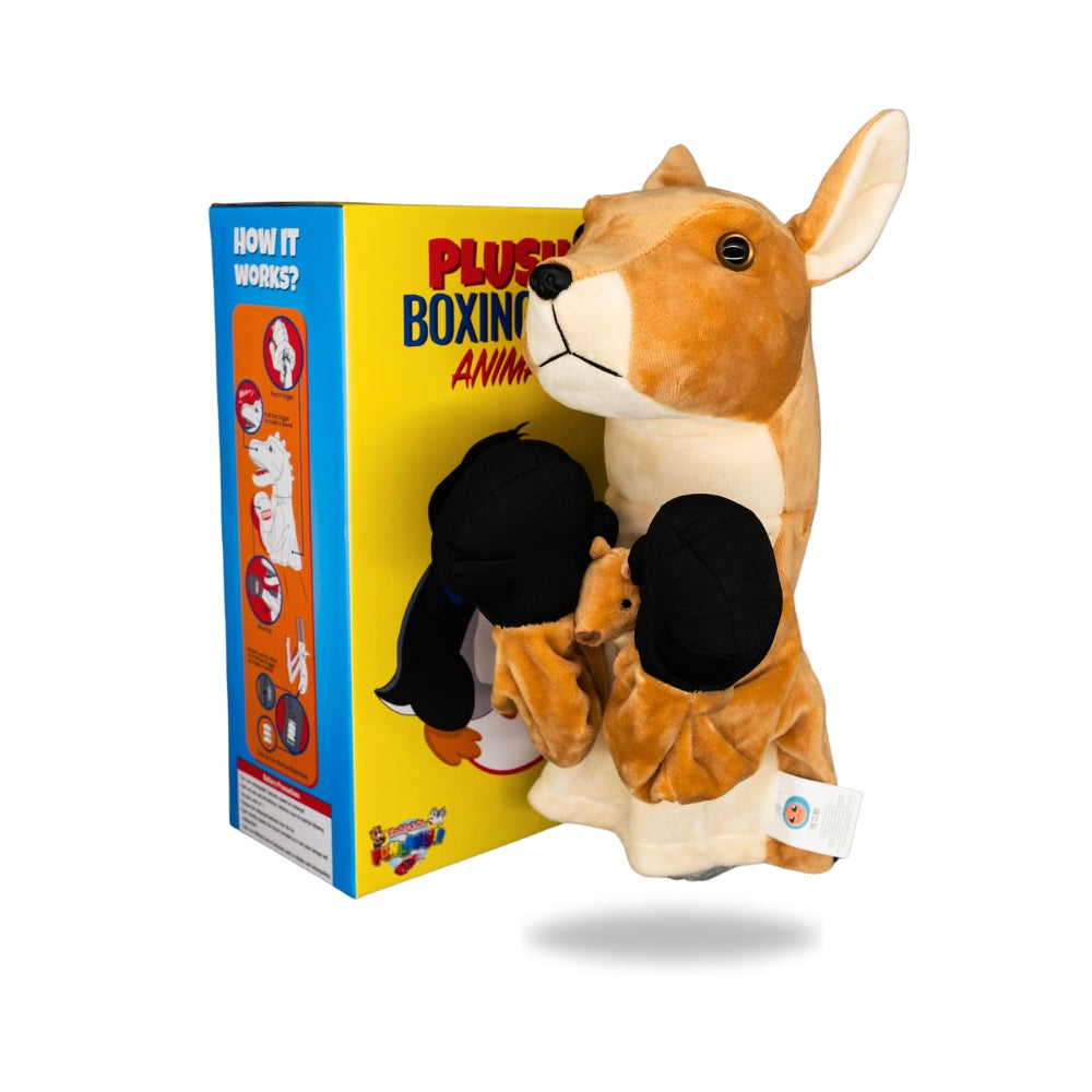 Packaging view of Plush Kangaroo Boxing Toy, displaying the box design and toy features listed.