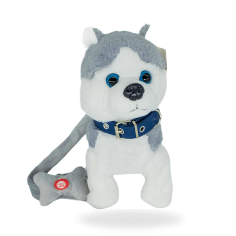 Front view of the Walking Husky Dog toy, showcasing its realistic design and playful blue eyes.