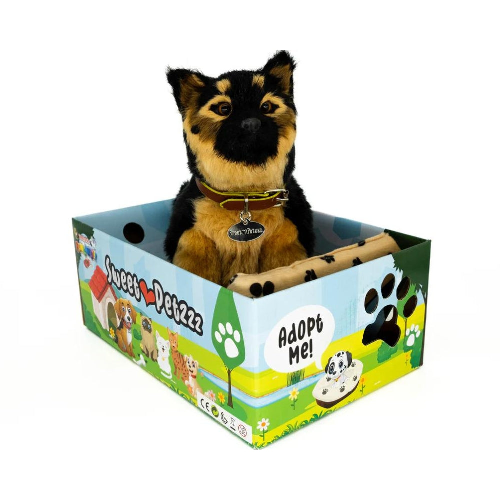 Sweet Petzzz German Shepherd toy dog inside the box.