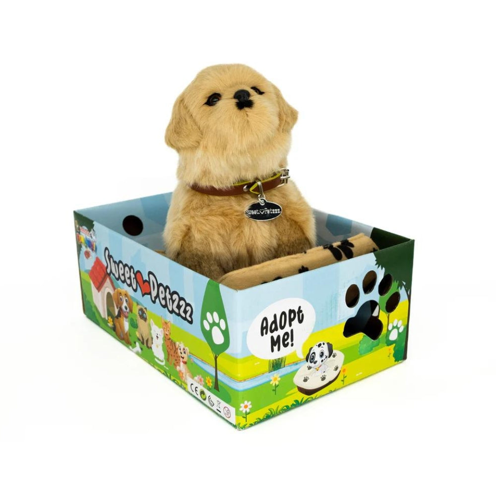 Sweet Petzzz Golden Retriever toy dog inside the box.
