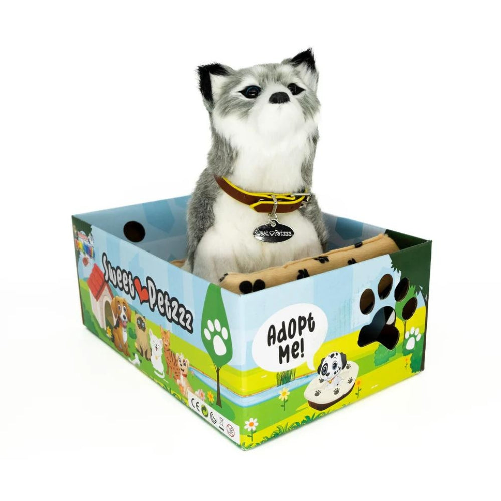 Sweet Petzzz Husky Dog toy dog inside the box.