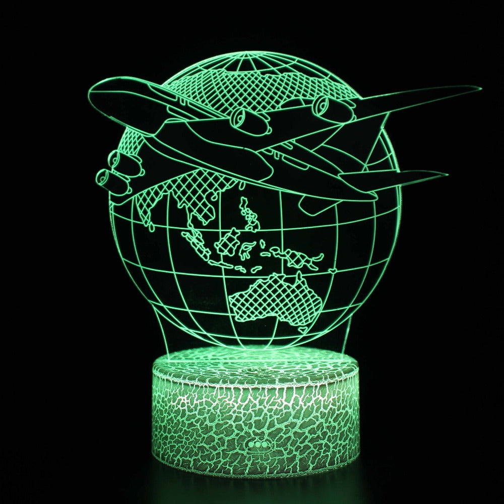 Illuminated Plane around the World 3D Lamp in Dark Setting