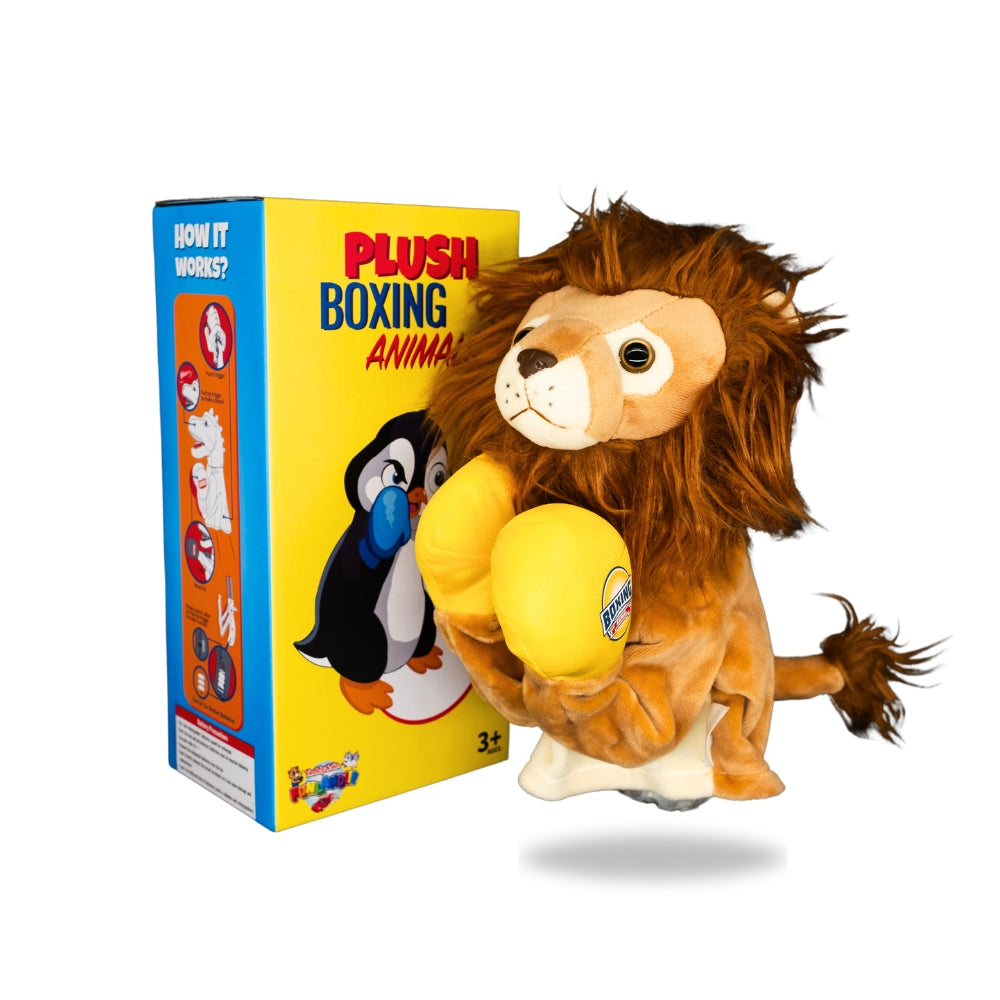 Packaging view of Plush Lion Boxing Toy, displaying the box design and toy features listed.