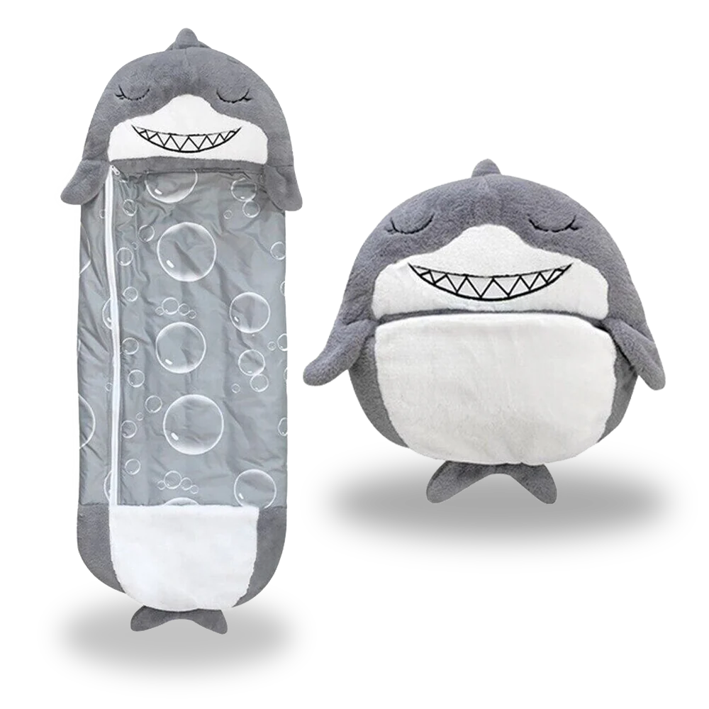 Gray shark-themed kids' sleeping bag open, showcasing cozy interior and fun design