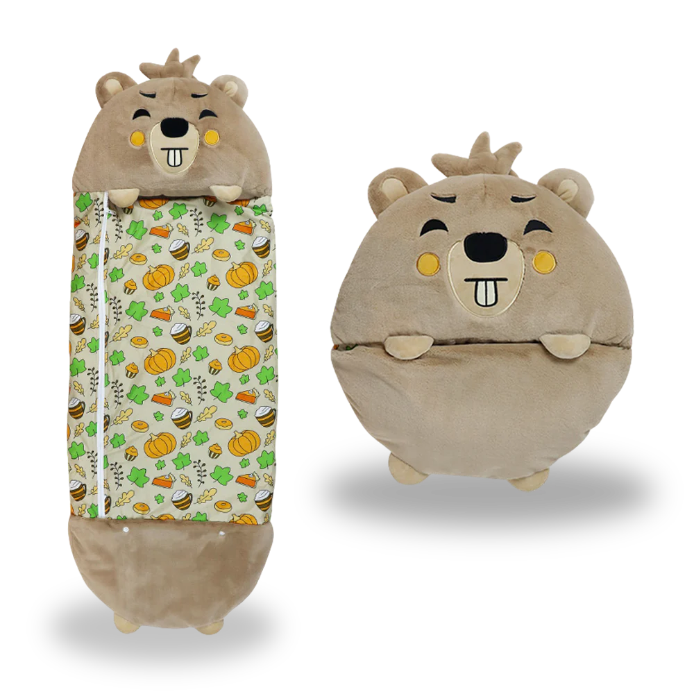Autumn beaver-themed kids' sleeping bag open, showcasing cozy interior and playful design