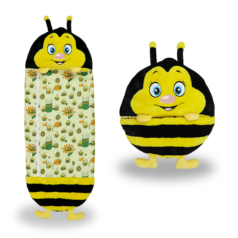 Bumble bee-themed kids' sleeping bag open, showcasing cozy interior and playful design