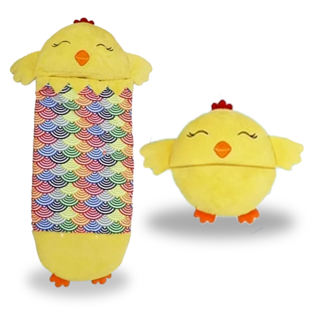 Chicken-themed kids' sleeping bag open, showcasing cozy interior and playful design