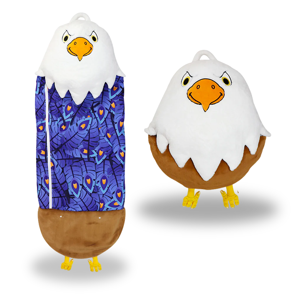Eagle-themed kids' sleeping bag open, showcasing cozy interior and fun design