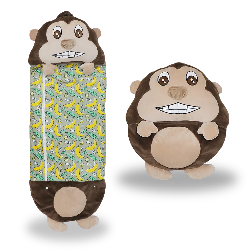 Gorilla-themed kids' sleeping bag open, showcasing cozy interior and playful design