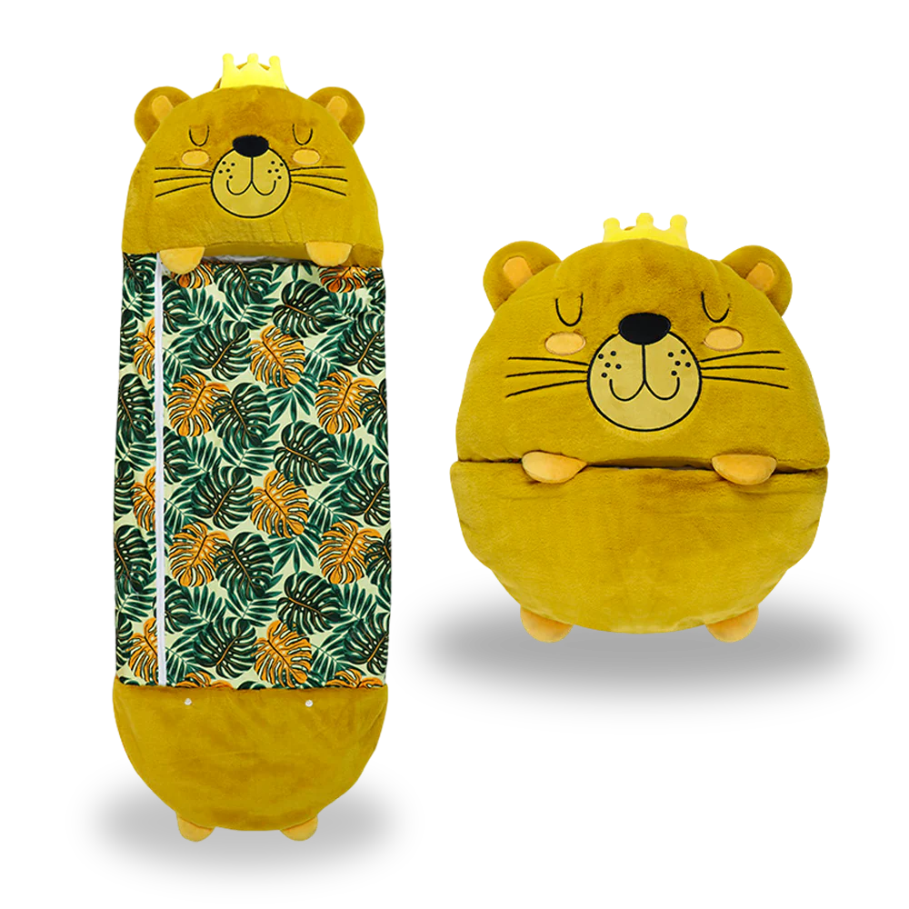 Jungle lion-themed kids' sleeping bag open, showcasing cozy interior and playful design