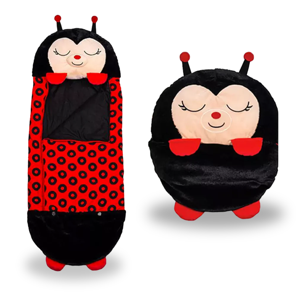 Ladybug-themed kids' sleeping bag open, showcasing cozy interior and playful design