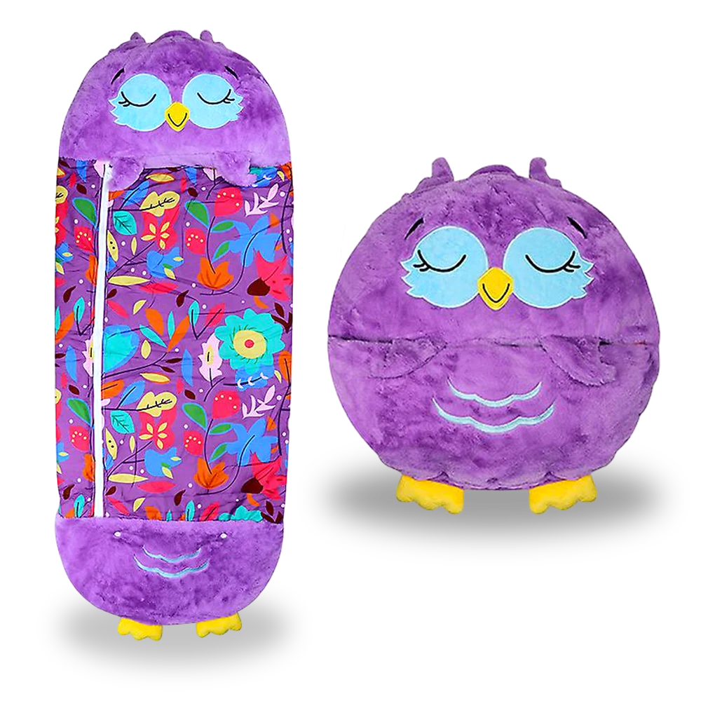 Owl-themed kids' sleeping bag open, displaying cozy interior and vibrant design