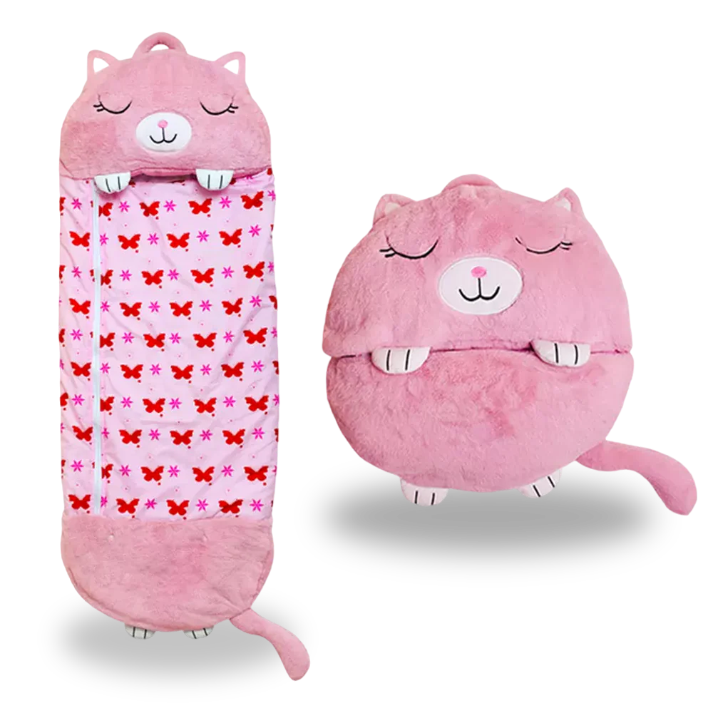 Pink cat-themed kids' sleeping bag open, showcasing cozy interior and cute design