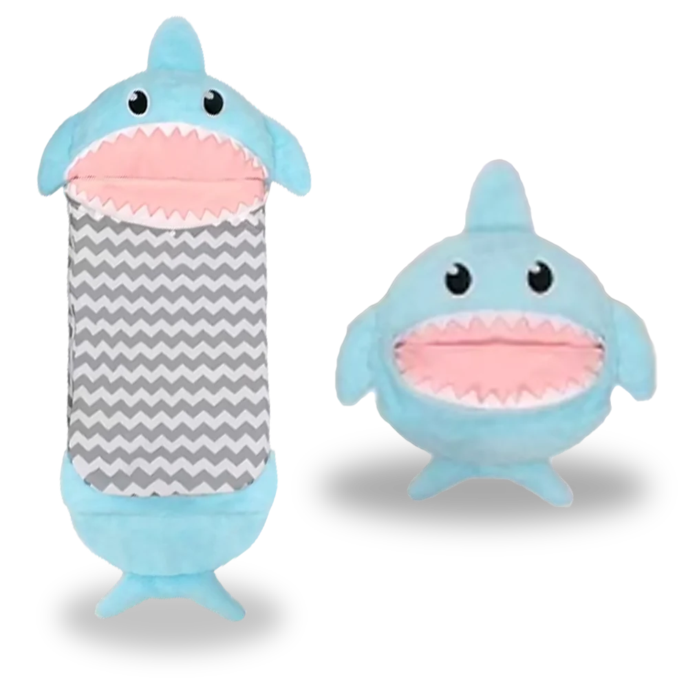 Baby shark-themed kids' sleeping bag open, showcasing cozy interior and playful design