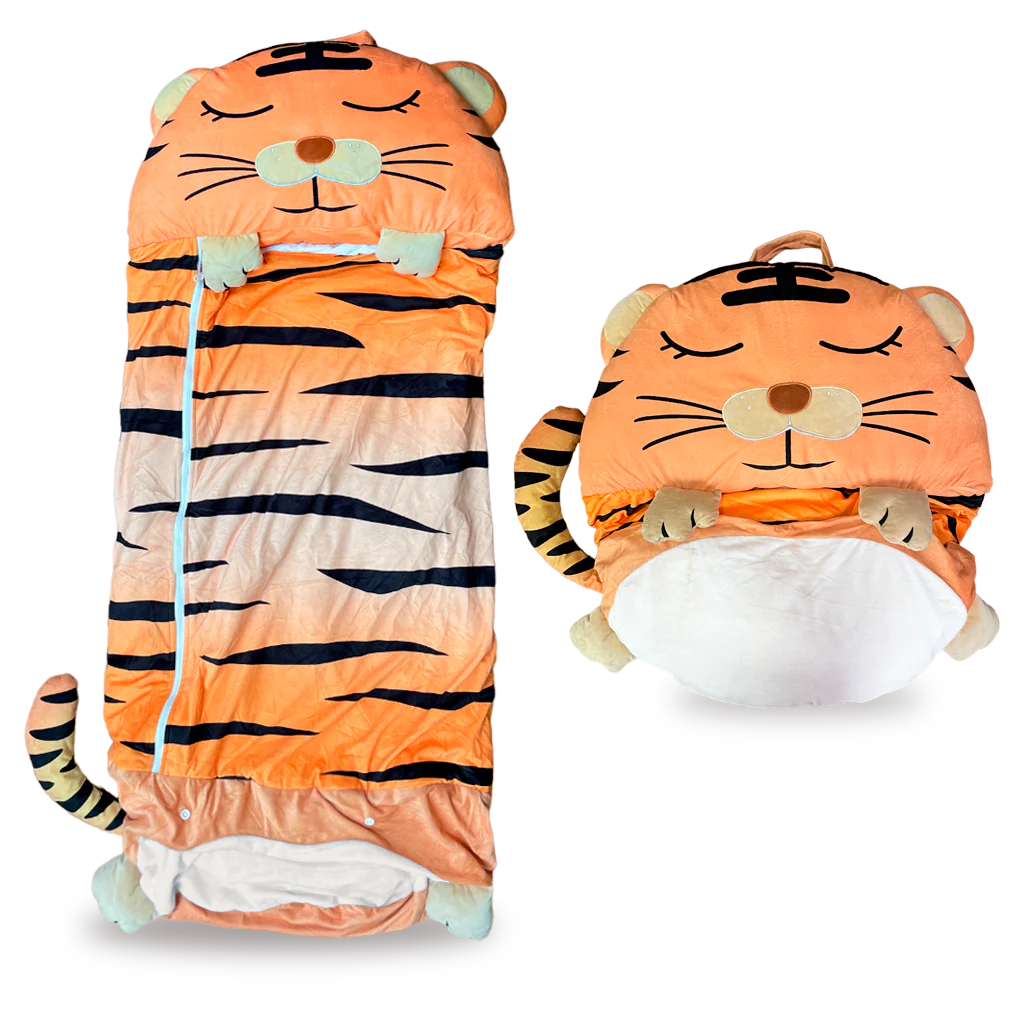 Tiger-themed kids' sleeping bag open, showcasing cozy interior and vibrant design