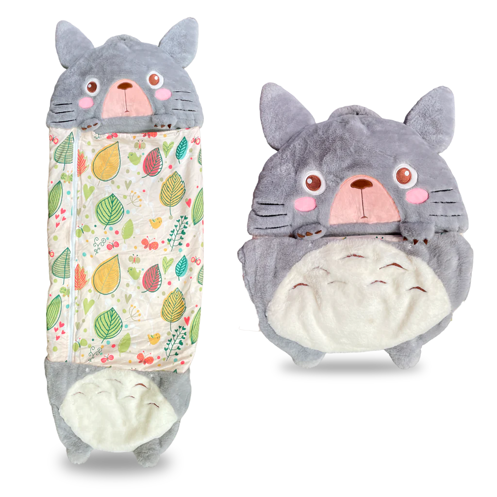 Totoro-themed kids' sleeping bag open, showcasing cozy interior and fun design