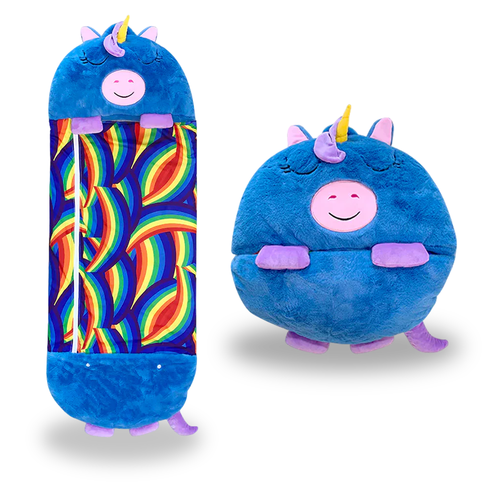 Unicorn Blue Sleeping Bag fully opened, showcasing the spacious interior and vibrant unicorn print.