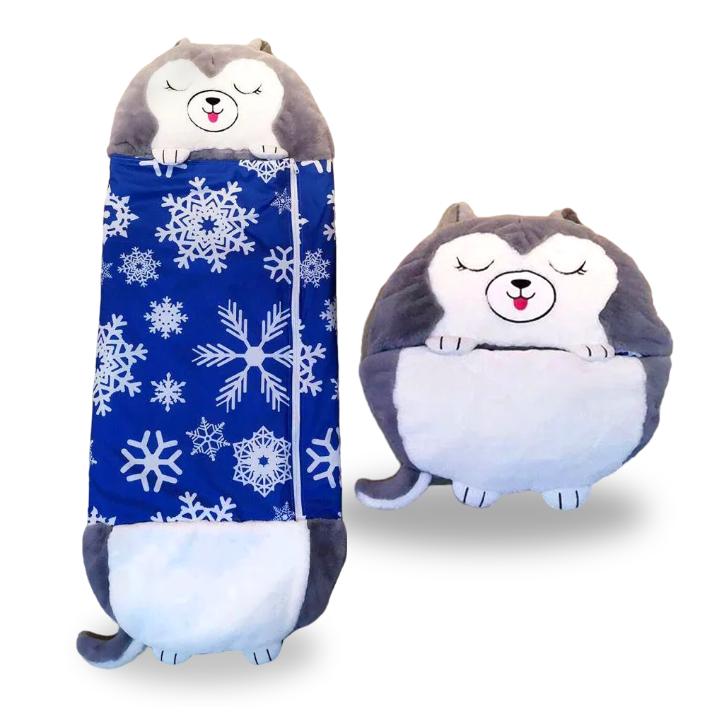 Winter bear-themed kids' sleeping bag open, showcasing cozy interior and playful design