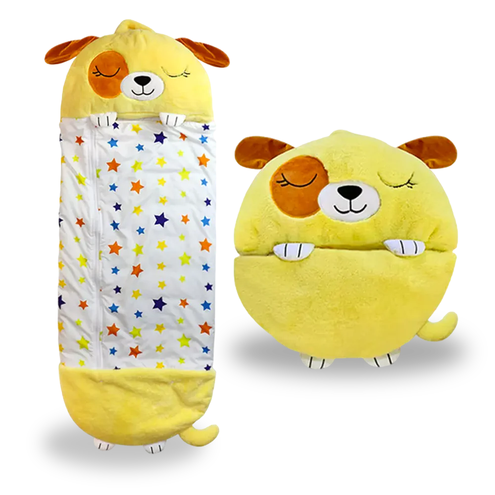 Yellow dog-themed kids' sleeping bag open, showcasing cozy interior and playful design