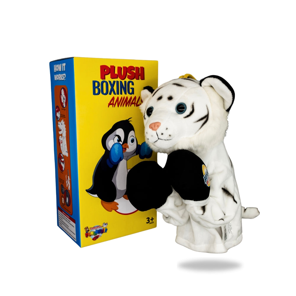 Packaging view of Plush White Tiger Boxing Toy, displaying the box design and toy features listed.