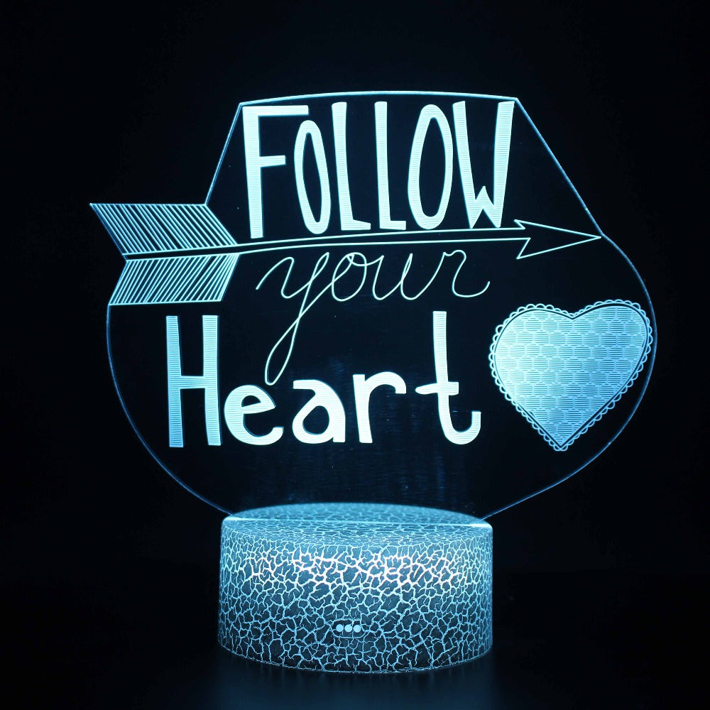 Illuminated Follow Your Heart 3D Lamp in Dark Setting