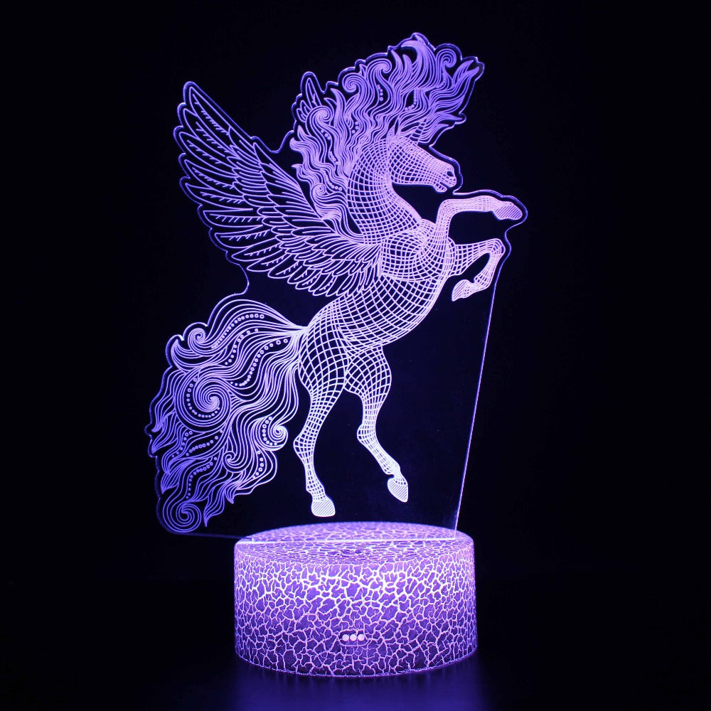 Illuminated Pegasus Rearing Swirly Mane And Tail 3D Lamp in Dark Setting