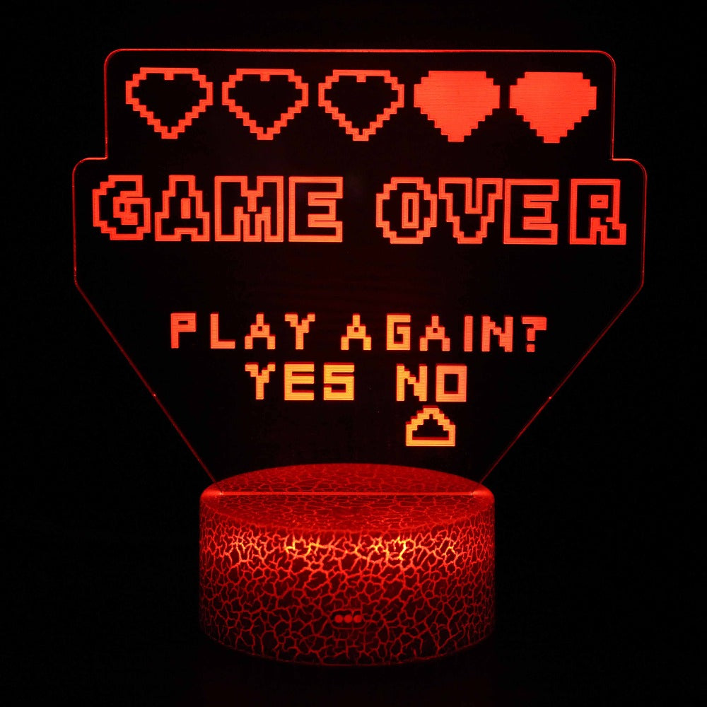 Iluminated Game Over Play Again? 3D Lamp in Dark Setting