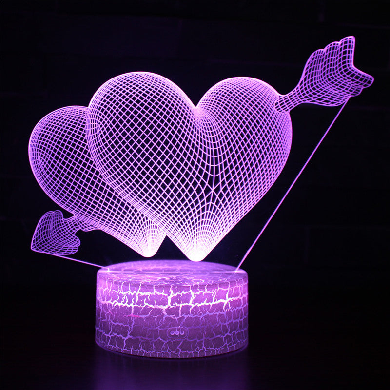 Illuminated Two Love Hearts With Arrow 3D Lamp in Dark Setting