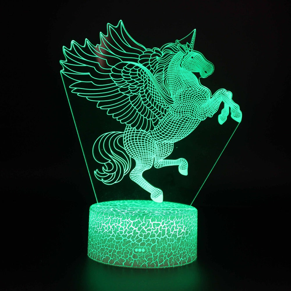 Illuminated Pegasus Flying Grid Design 3d lamp in dark setting