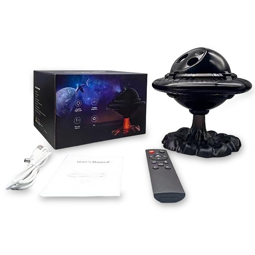 ufo galaxy projector with box, cables, user guide and control