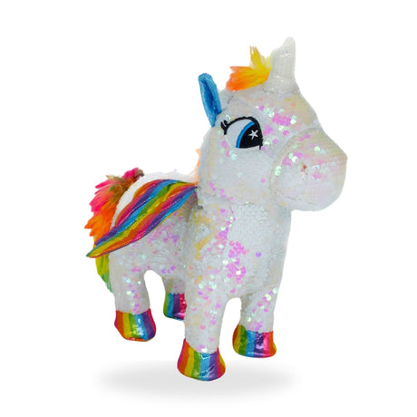 Side view of the walking white Unicorn toy, featuring its flowing mane and detailed body markings.