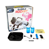 Complete set of the Rocket Bubble Gun including bubble solution, rechargeable battery, and accessories laid out for display.