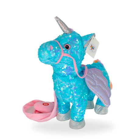 Side view of the Walking Sequin Blue Unicorn toy, highlighting its sequined texture and the leash mechanism.