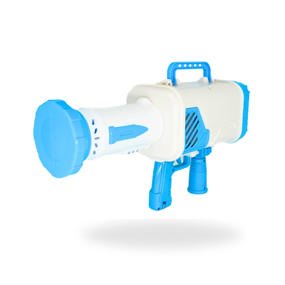 Rocket Bubble Gun Blue standing upright, showcasing its vibrant and rugged design, ready for action.