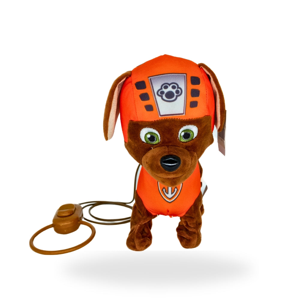 Front view of Walking Paw Patrol Zuma toy, highlighting his lifeguard vest and animated expression.