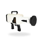 Rocket Bubble Gun Black standing upright, showcasing its vibrant and rugged design, ready for action.