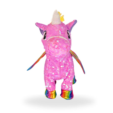 Front view of the walking pink Unicorn toy, showcasing its bright pink color and cheerful facial expression.