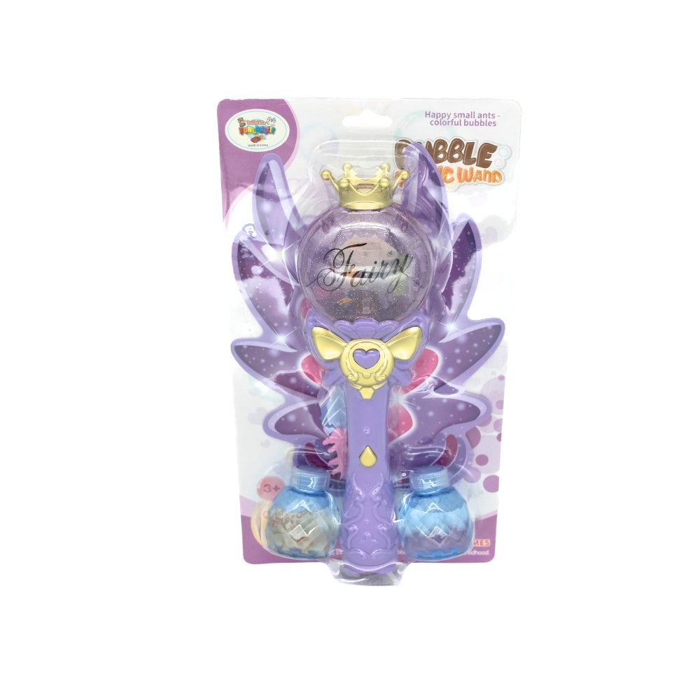 Packaged Fairy Bubble Wand inside its plastic covering, emphasizing the product's safe and secure packaging.