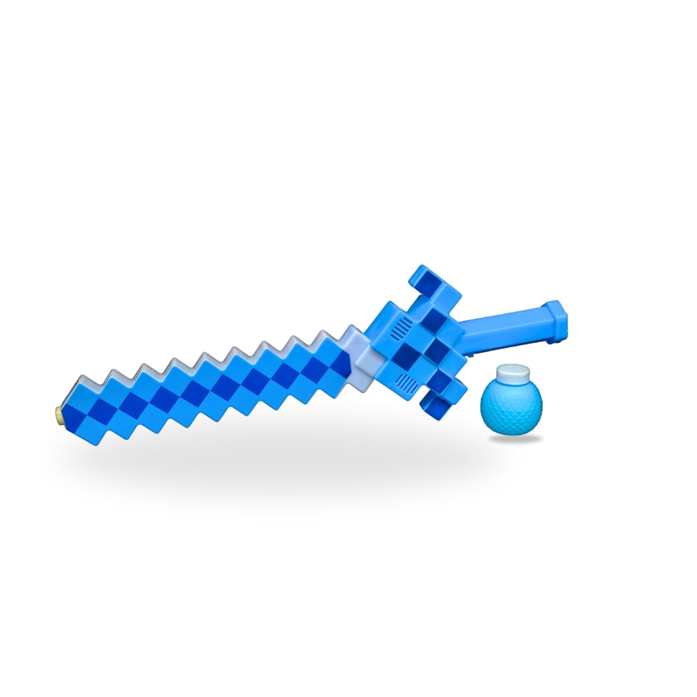 Bubble Gun Sword Blue lying on its side, showcasing its sturdy and durable plastic build.