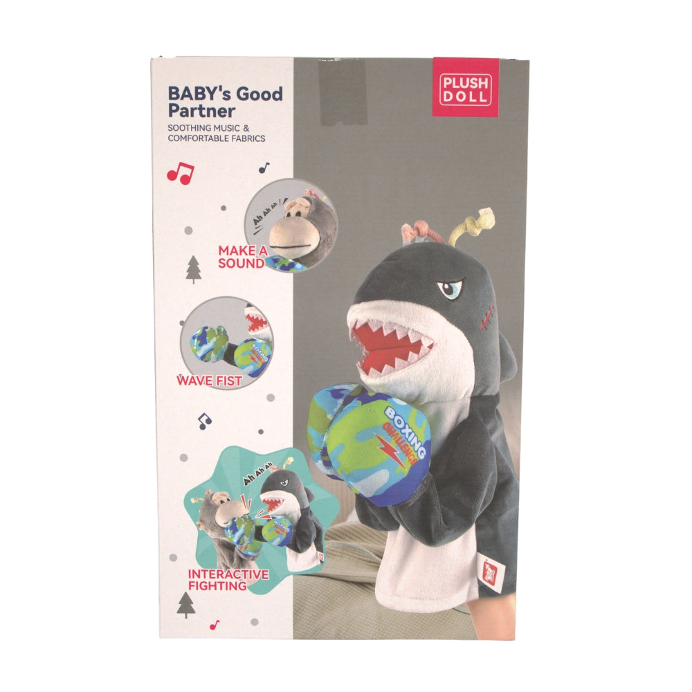 Back view of Plush Shark Boxing Toy box, displaying the box design and toy features listed.