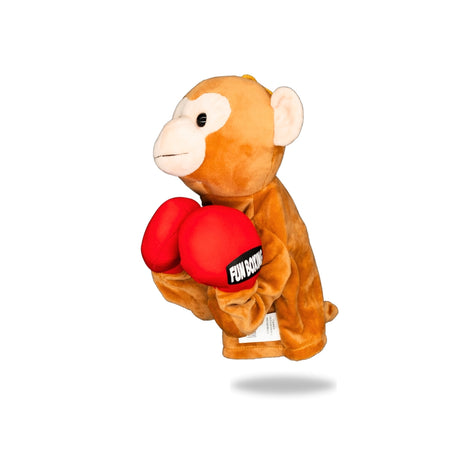 Side view of Plush Monkey Boxing Toy, highlighting its side profile and boxing gloves detail.