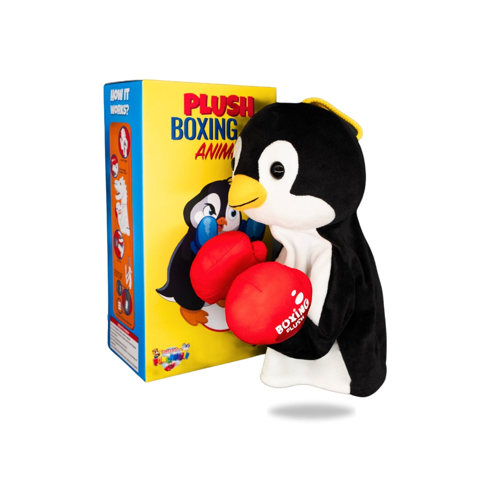 Packaging view of Plush Penguin Boxing Toy, displaying the box design and toy features listed.