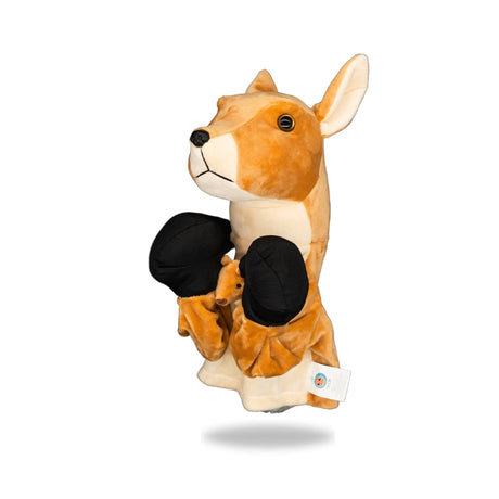 Side view of Plush Kangaroo Boxing Toy, highlighting its side profile and boxing gloves detail.